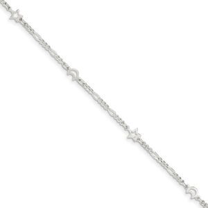 Sterling Silver Moon and Stars Figaro Adjustable Anklet, 9 Inch